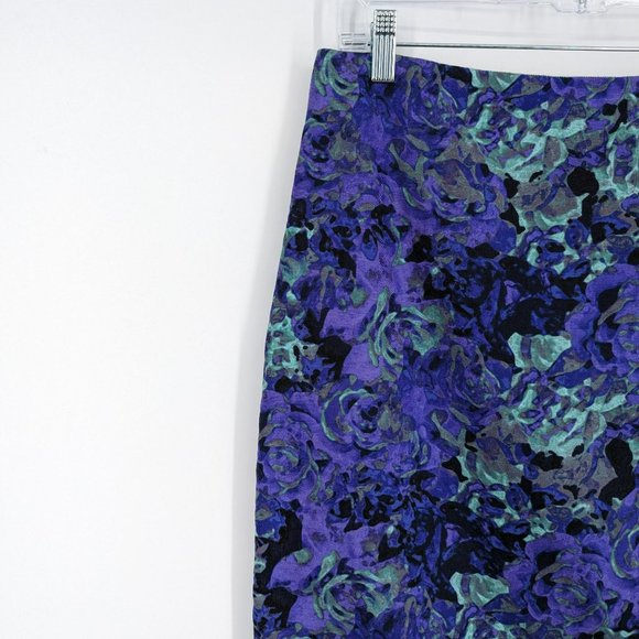 Talbots Pencil Skirt 6 Purple Green Black Floral Watercolor Roses Lined Zip Back - Picture 3 of 11